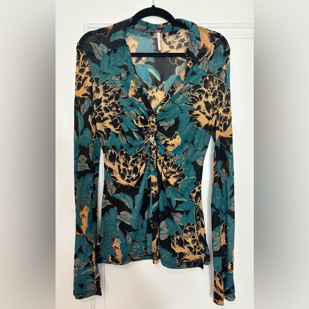 Free People Mesh Floral Print Button Down Top